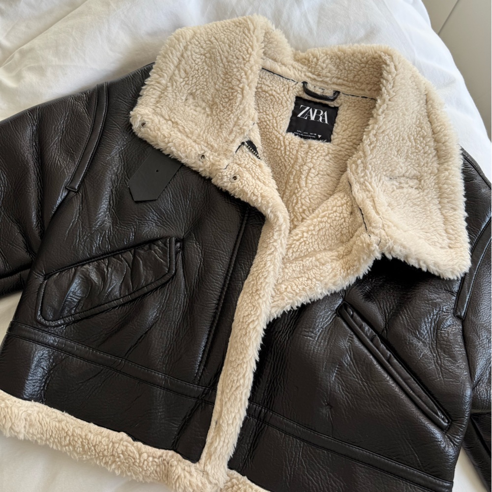 Zara Women's Black Leather Jacket with Cream Lining